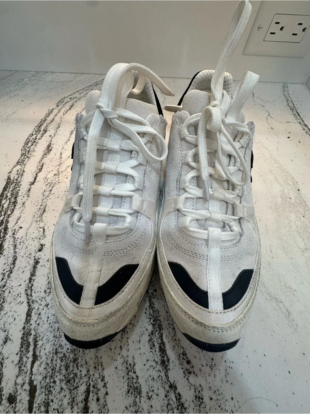CHANEL White and Black Lace-Up Suede & Sneakers Size 39
